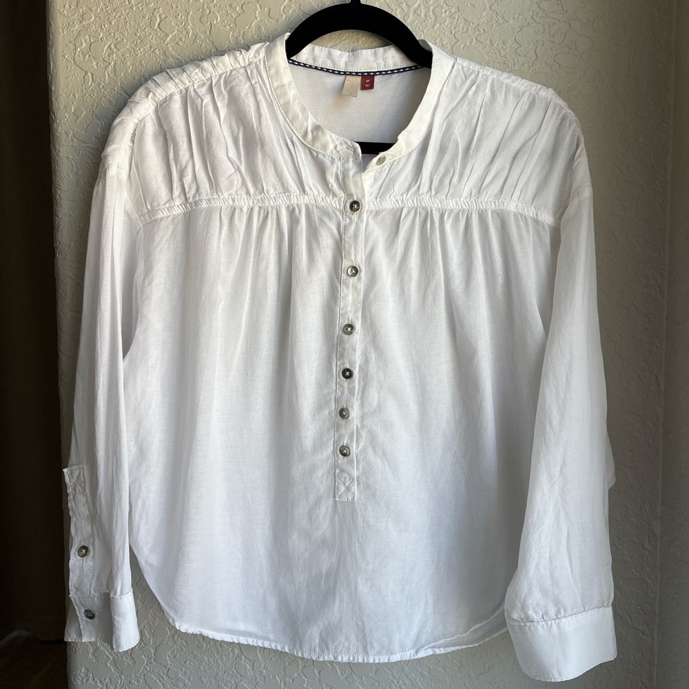 Pilcro Women SP Blouse White Pintuck Pleated Button Front Long Sleeve Cotton